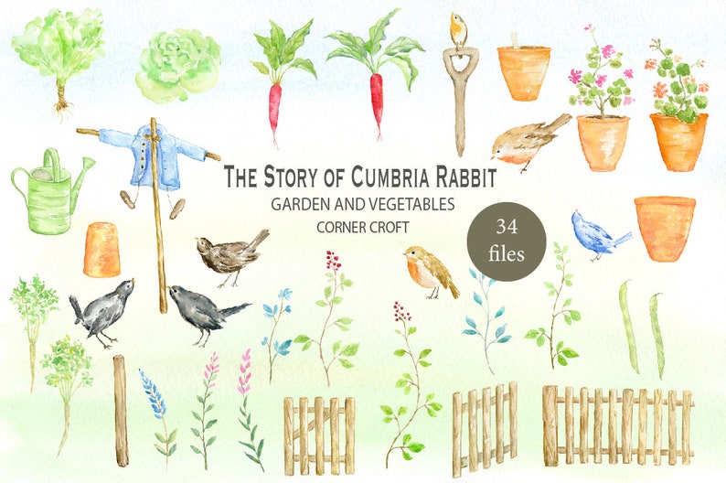 May include: A watercolor illustration set of 34 garden and vegetable elements, including a scarecrow, birds, a watering can, a fence, carrots, lettuce, and flowers. The text "The Story of Cumbria Rabbit Garden and Vegetables Corner Croft" is included in the image.