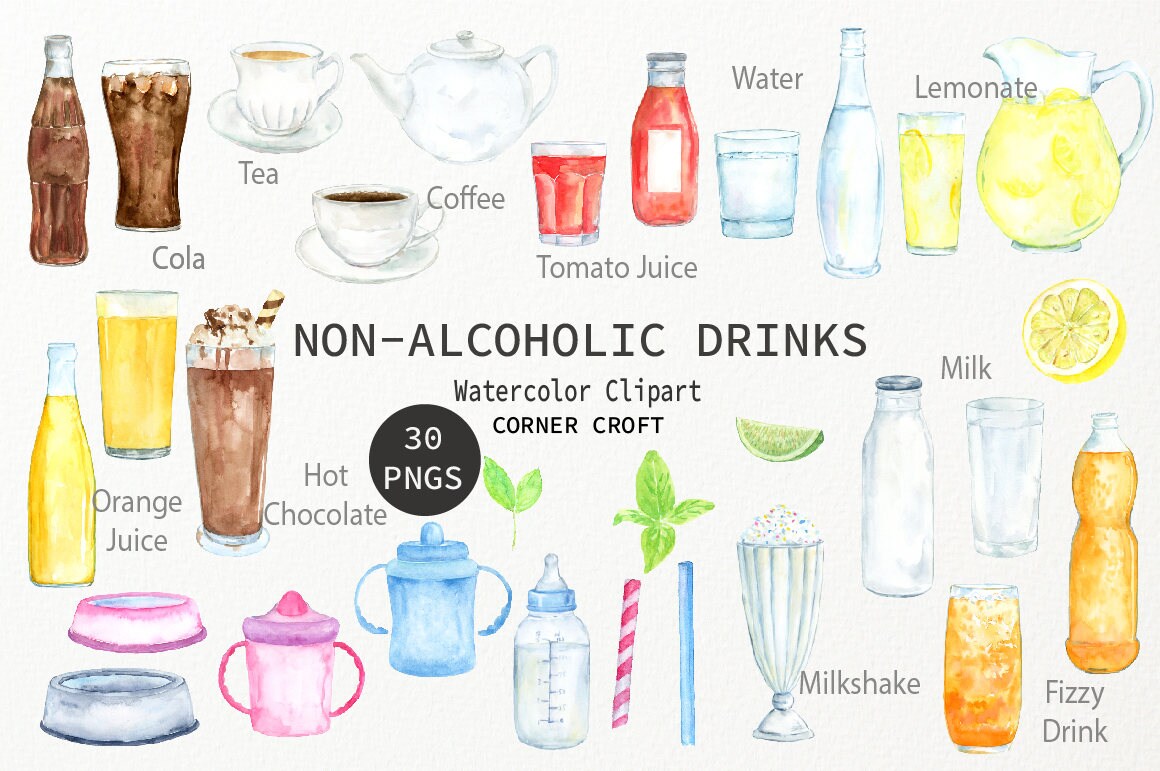 Watercolor nonalcoholic drinks clipart water juice milk Etsy