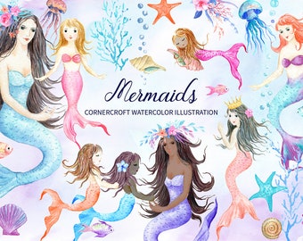 Watercolor mermaid illustration including mother, daughter, sisters and seashells for instant download