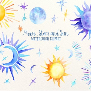 Aquarel Clipart maan, sterren en de zon voor instant download aquarel kaarten scrapbook bruiloft uitnodigingen