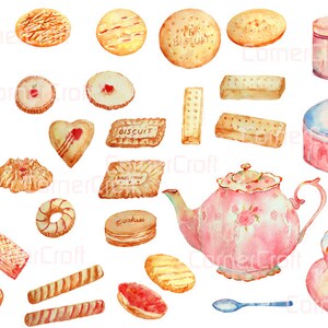 以下が含まれることがあります： 水彩画で描かれたティーパーティーのイラスト。ティーポット、ティーカップ、ソーサー、様々なビスケットやクッキーが描かれている。イラストには、花柄のピンクのティーポット、ピンクのティーカップとソーサー、様々な形と大きさのビスケットやクッキーが描かれている。イラストには、「ビスケット」と「ラブビスケット」と書かれた2つのブリキの箱も描かれている。