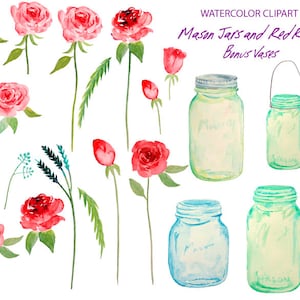 Wedding Clipart - hand painted watercolor mason jars and red roses printable instant download scrapbook wedding invitations greeting cards