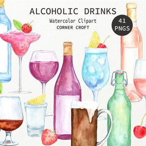 Watercolour alcoholic drinks clipart, wine, beer, liquor, vodka, cocktail, garnish for instant download