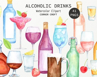 Watercolour alcoholic drinks clipart, wine, beer, liquor, vodka, cocktail, garnish for instant download