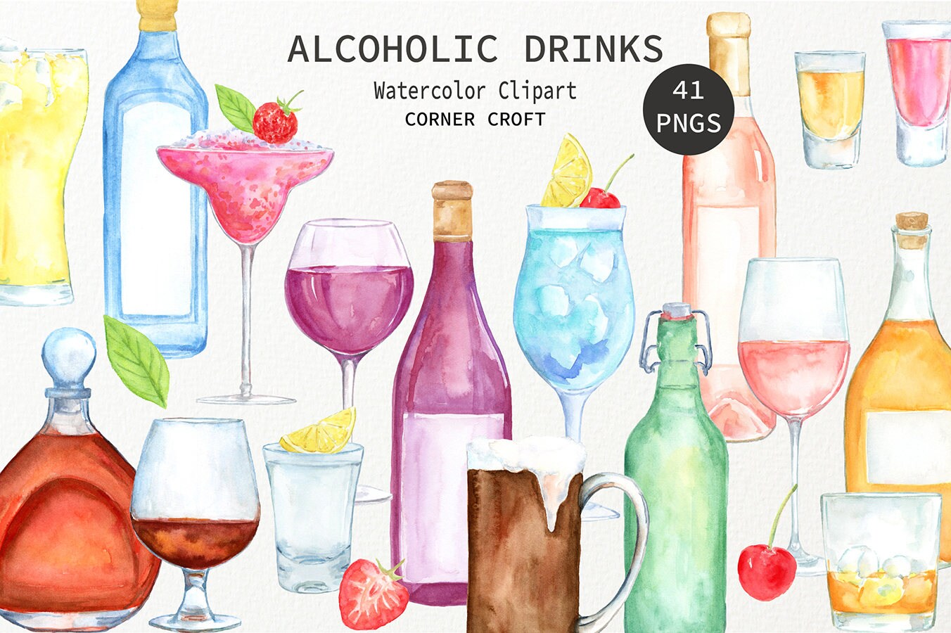 Watercolour alcoholic drinks clipart, wine, beer, liquor, vodka, cock…