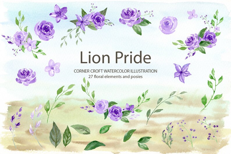 May include: Watercolor illustration of purple flowers and green leaves. The illustration is titled "Lion Pride" and includes the text "Corner Croft Watercolor Illustration 27 floral elements and posies".