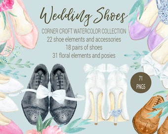 Wedding shoes clipart, watercolor wedding shoe, white, peach and pink high heel shoes for bride, black and brown shoes for groom