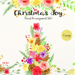 Watercolor Floral Arrangement Set 1,  Christmas Joy, Floral Christmas Tree, floral corners in festive color for instant download