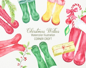 Clipart de botas de agua navideñas en acuarela (descarga instantánea)