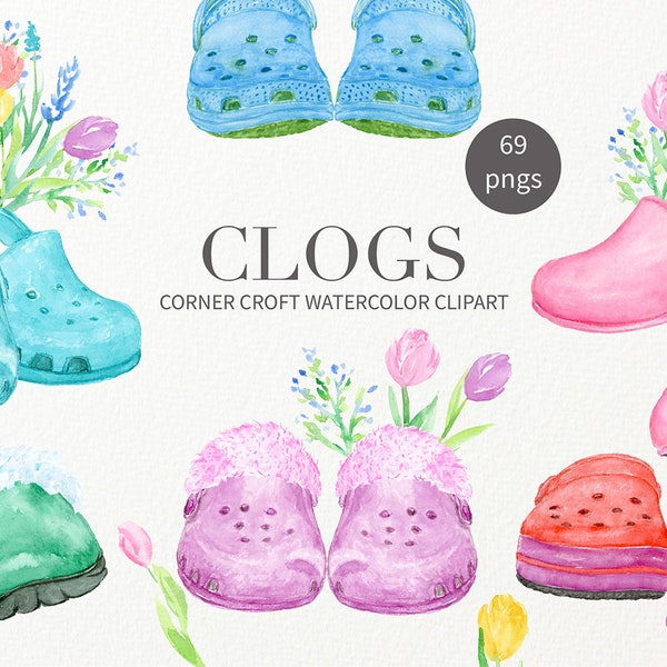 Watercolour clogs in full colour range for instant download