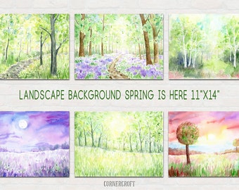 Watercolor landscape paintings  "Spring is here" for instant download