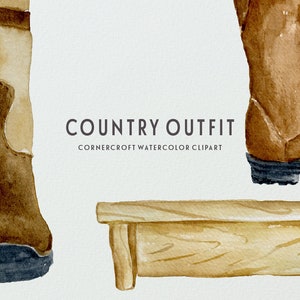 May include: Watercolor illustration of a country outfit, featuring brown leather boots and a wooden step stool. The text "COUNTRY OUTFIT" and "CORNERCROFT WATERCOLOR CLIPART" is included in the image.