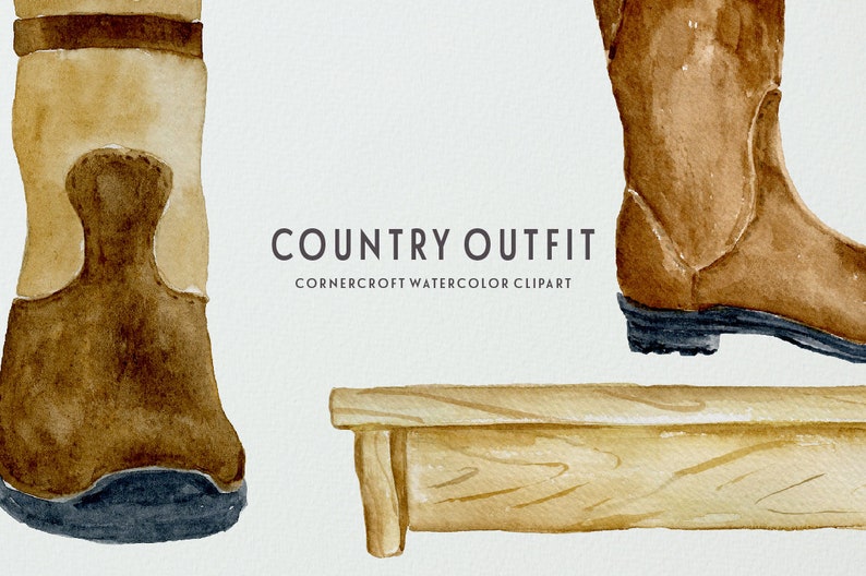 May include: Watercolor illustration of a country outfit, featuring brown leather boots and a wooden step stool. The text "COUNTRY OUTFIT" and "CORNERCROFT WATERCOLOR CLIPART" is included in the image.