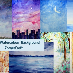 May include: A collage of digital watercolor backgrounds featuring various scenes, including a night sky with stars and a crescent moon, a cityscape at sunset, a forest path, a beach with the ocean, and a close-up of tree bark. The text "Digital Watercolor Background CornerCroft" is displayed in the center of the collage.