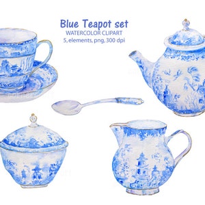 Hand gezeichnet Aquarell Blau Teekanne Set Teetasse sofortiger download Scrapbook Aquarell Karten Hochzeit Einladungen clipart