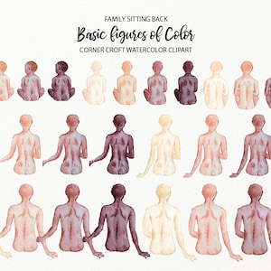Family Sitting Back Figures with Color Skin Tones for making personalised prints instant download