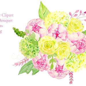 Clipart de casamento - Buquê de casamento em aquarela de peônia rosa, rosas amarelas e verdes e hortênsia verde para download instantâneo para impressão (conjunto 3)