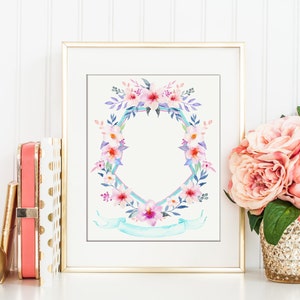 Watercolor Mint Floral Crest for Instant Download, wedding crest, family crest, crest printable