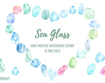 Sea glass Clipart, watercolor sea glass,  green, blue and pink sea glass for instant download