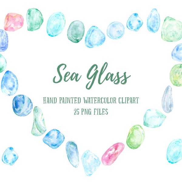 Sea glass Clipart, watercolor sea glass,  green, blue and pink sea glass for instant download