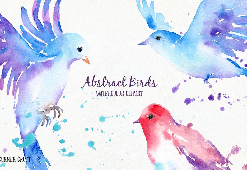 May include: Three watercolor paintings of abstract birds. The birds are painted in shades of blue, purple, and red. The background is white with blue and purple watercolor splatters.