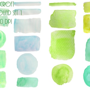 May include: A set of 12 watercolor backgrounds in shades of green and blue. The backgrounds are in various shapes, including circles, squares, and rectangles. They are perfect for adding a touch of color and texture to your designs.
