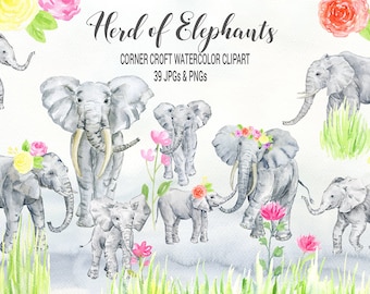 Watercolor Elephant Clipart, Family Art Prints (Digital Download)