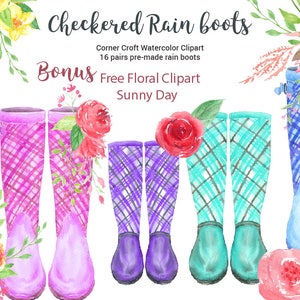 Checkered Rain Boots - watercolor checkered wellington boots, rubber boots, tartan wellies, color varations for instant download