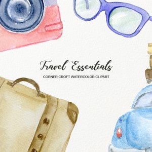 May include: Watercolor illustration of travel essentials. Includes a red and blue camera, blue sunglasses, a tan suitcase, and a blue car with luggage on top. The text "Travel Essentials" is also present.