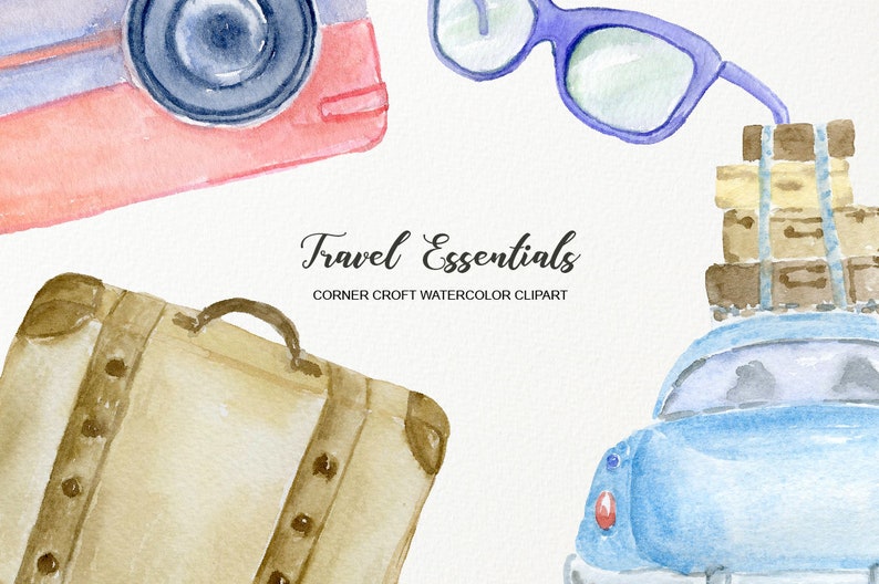 May include: Watercolor illustration of travel essentials. Includes a red and blue camera, blue sunglasses, a tan suitcase, and a blue car with luggage on top. The text "Travel Essentials" is also present.