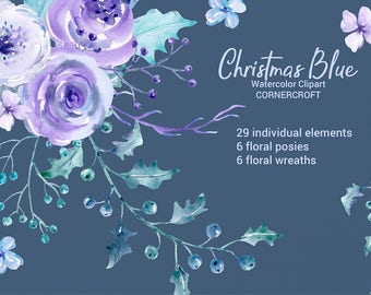 Christmas Blue Watercolor Clipart, blue and purple roses, holly and berries,  Christmas wreaths and posies for instant download