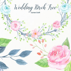 Wedding Birch Tree Watercolor Clipart large guest signing tree, bare birch tree branch, birch logs and flowers for instant download image 6