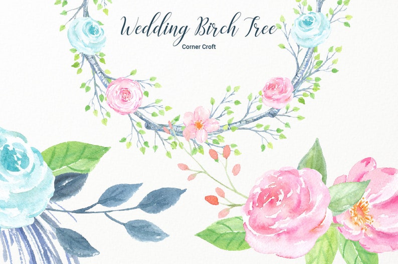 Wedding Birch Tree Watercolor Clipart large guest signing tree, bare birch tree branch, birch logs and flowers for instant download image 6