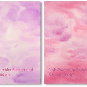 Pu&ograve; includere: Due sfondi ad acquerello in tonalit&agrave; rosa e viola. Gli sfondi hanno una texture morbida e nuvolosa. Il testo "Pink Watercolor Background A4, jpg, 300 dpi" &egrave; in fondo a ogni sfondo.