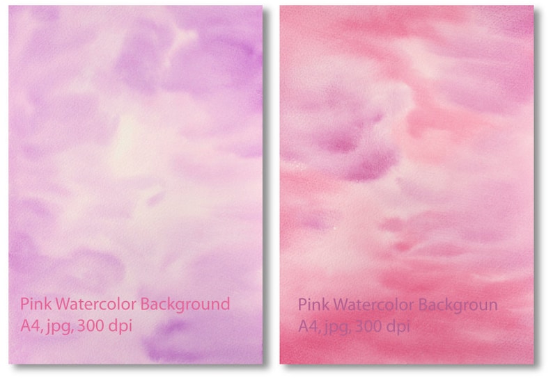 Pu&ograve; includere: Due sfondi ad acquerello in tonalit&agrave; rosa e viola. Gli sfondi hanno una texture morbida e nuvolosa. Il testo "Pink Watercolor Background A4, jpg, 300 dpi" &egrave; in fondo a ogni sfondo.
