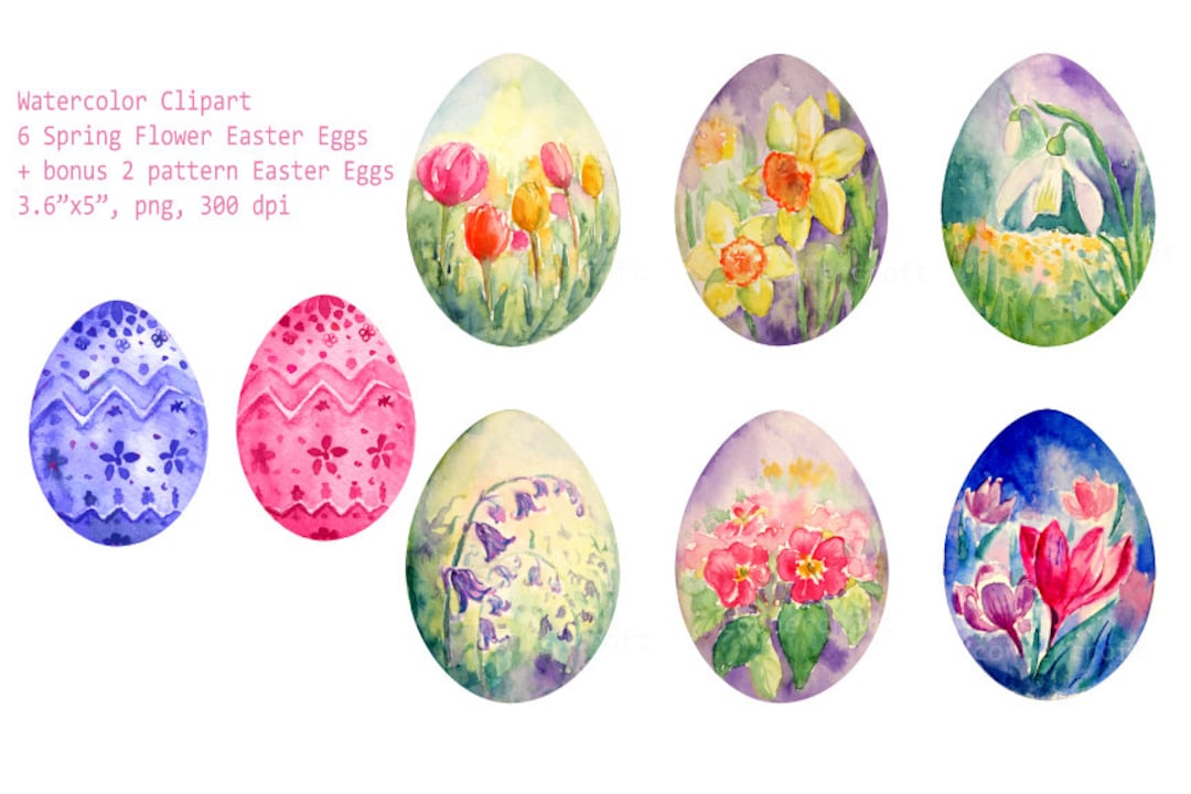 Hand Drawn Watercolor Spring Flowers Easter Eggs Instant Download for ...