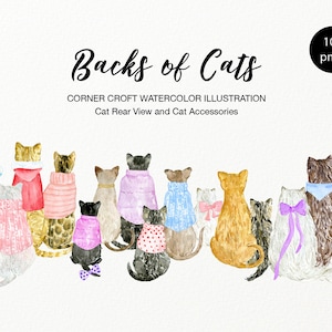 Clipart de chat d'aquarelle, dos des chats, créateur d'impression personnalisé pour le téléchargement instantané