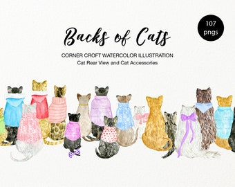 Watercolor cat clipart, backs of cats, personalised print creator for instant download