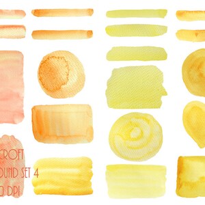 May include: A set of 14 watercolor brushstrokes in shades of yellow and orange. The brushstrokes are in various shapes, including circles, rectangles, and hearts. The brushstrokes are isolated on a white background. Cornercroft Background Set 4 PNG, 300 DPI.