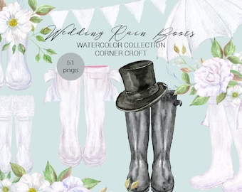 Watercolor Wedding Rain Boots Clipart, Flowers, Ribbons (Instant Download)
