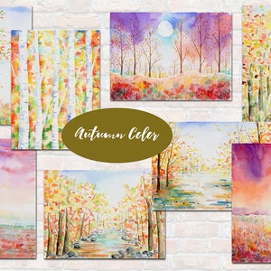 May include: A collection of eight watercolor paintings depicting autumn scenes. The paintings feature trees with colorful leaves, a stream, and a moonlit forest. The title "Autumn Color" is written in a gold oval.