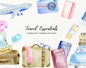 Watercolor Travel Essentials Clipart Suitcase passport note book train and airplane for instant download
