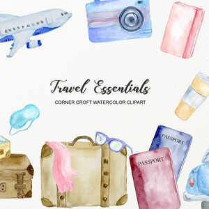 Watercolor Travel Essentials Clipart Suitcase carnet de notes de passeport train et avion pour téléchargement instantané