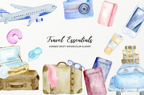 Watercolor Travel Essentials Clipart Suitcase passport note book train and airplane for instant download
