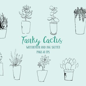May include: A set of ten black and white line drawings of various cacti and succulents in pots. The drawings are in a simple, hand-drawn style. The text "Funky Cactus Watercolor and Ink Sketch PNGs & EPS" is at the bottom of the image.