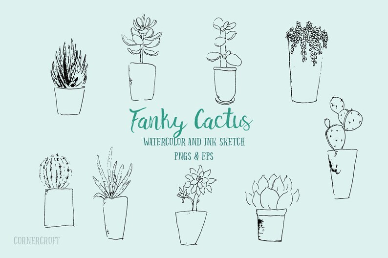 May include: A set of ten black and white line drawings of various cacti and succulents in pots. The drawings are in a simple, hand-drawn style. The text "Funky Cactus Watercolor and Ink Sketch PNGs & EPS" is at the bottom of the image.