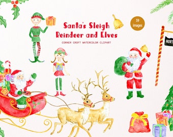 Santa, Reindeer, Santa's Sleigh and Eleves Watercolor Illustration Christmas Clipart