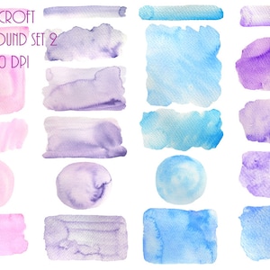 May include: A set of 12 watercolor backgrounds in shades of pink, purple, and blue. The backgrounds are in various shapes, including circles, rectangles, and irregular shapes.  CORNERCROFT BACKGROUND SET 2 PNG, 300 DPI