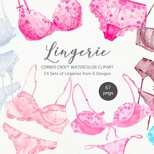 Watercolor lingerie clipart, fashion laced bras, panties and garter belts for instant download