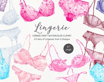 Watercolor lingerie clipart, fashion laced bras, panties and garter belts for instant download